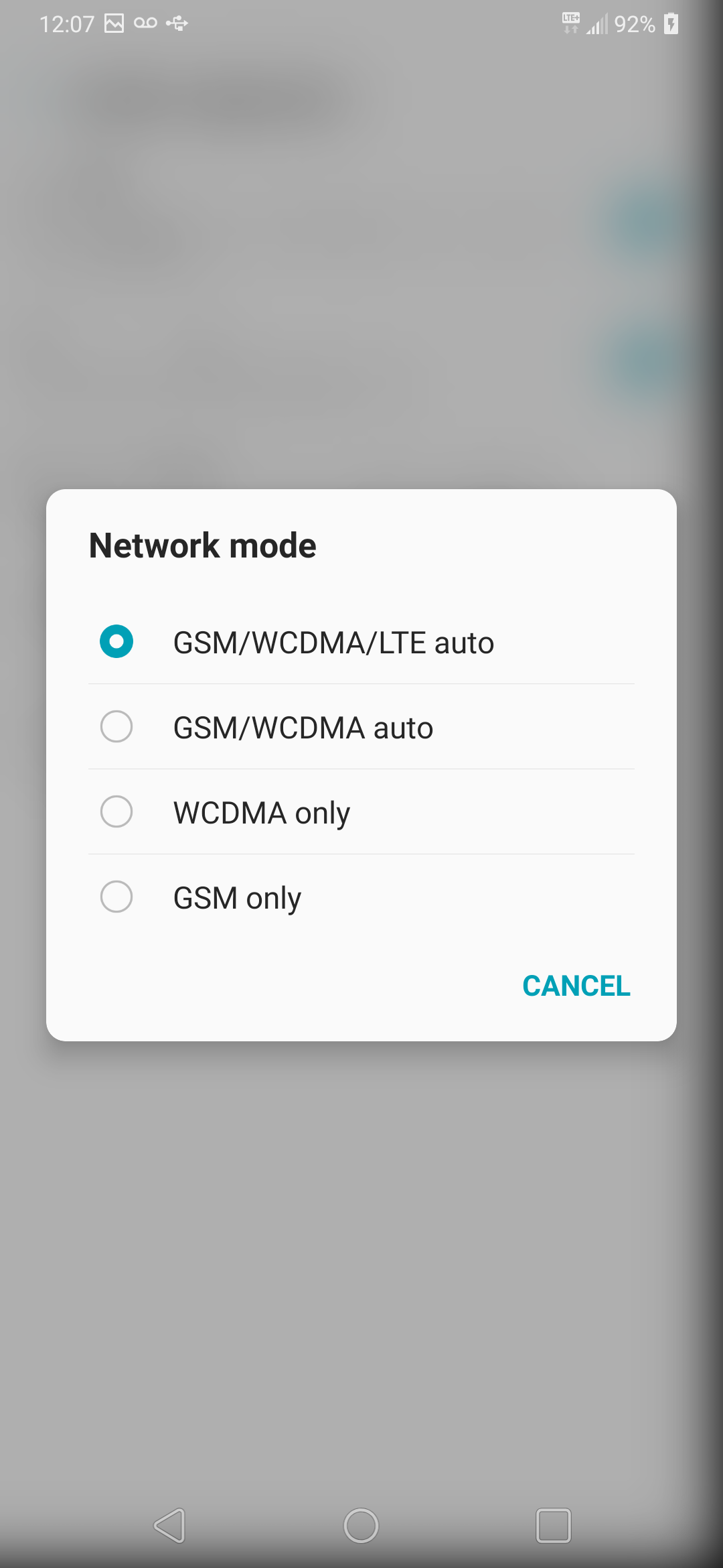 Touch the desired option, e.g., GSM/WCDMA/LTE auto.