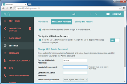 Select a new Novatel Wireless MiFi 6630 Web Interface password and type it into the Enter new password field.