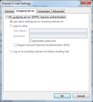 Select My outgoing server (SMTP) requires authentication.