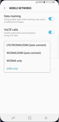 Touch the desired option, e.g., LTE/WCDMA/GSM (auto connect).