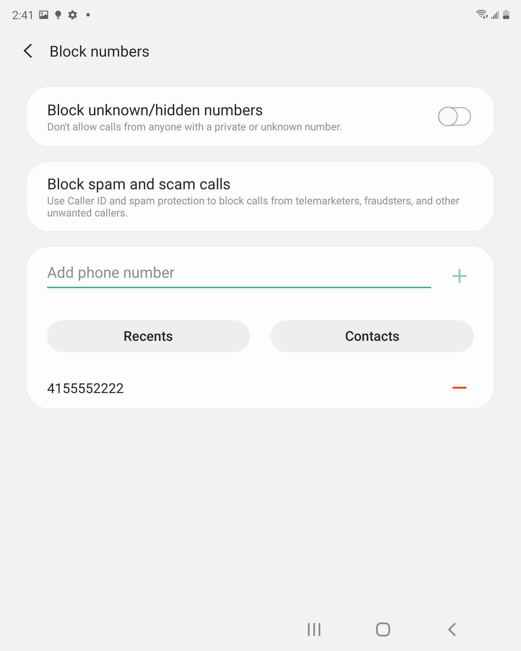 To remove a phone number from the block list: touch the - icon next to the phone number.
