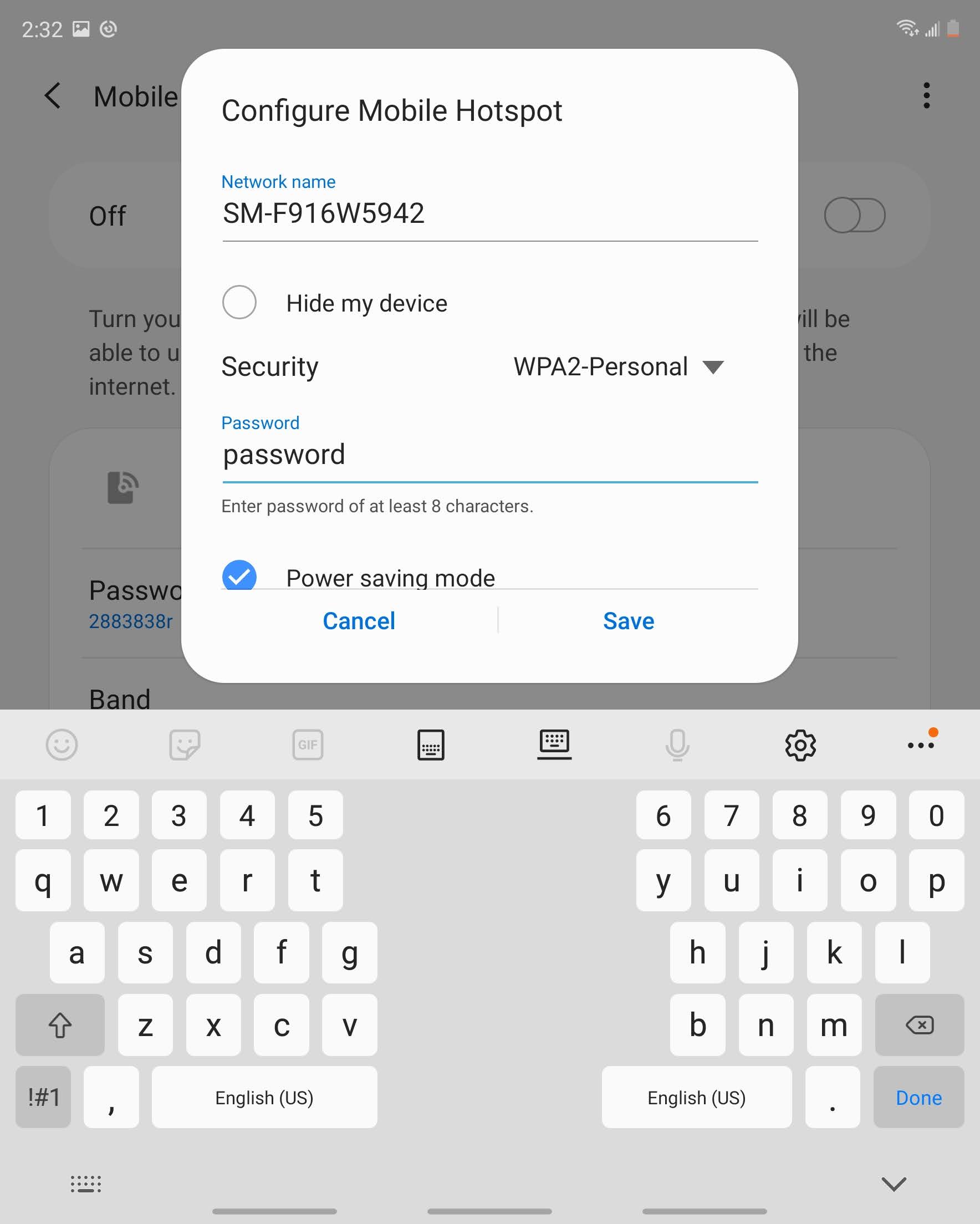 To change the network password, delete the existing password and enter a new one.