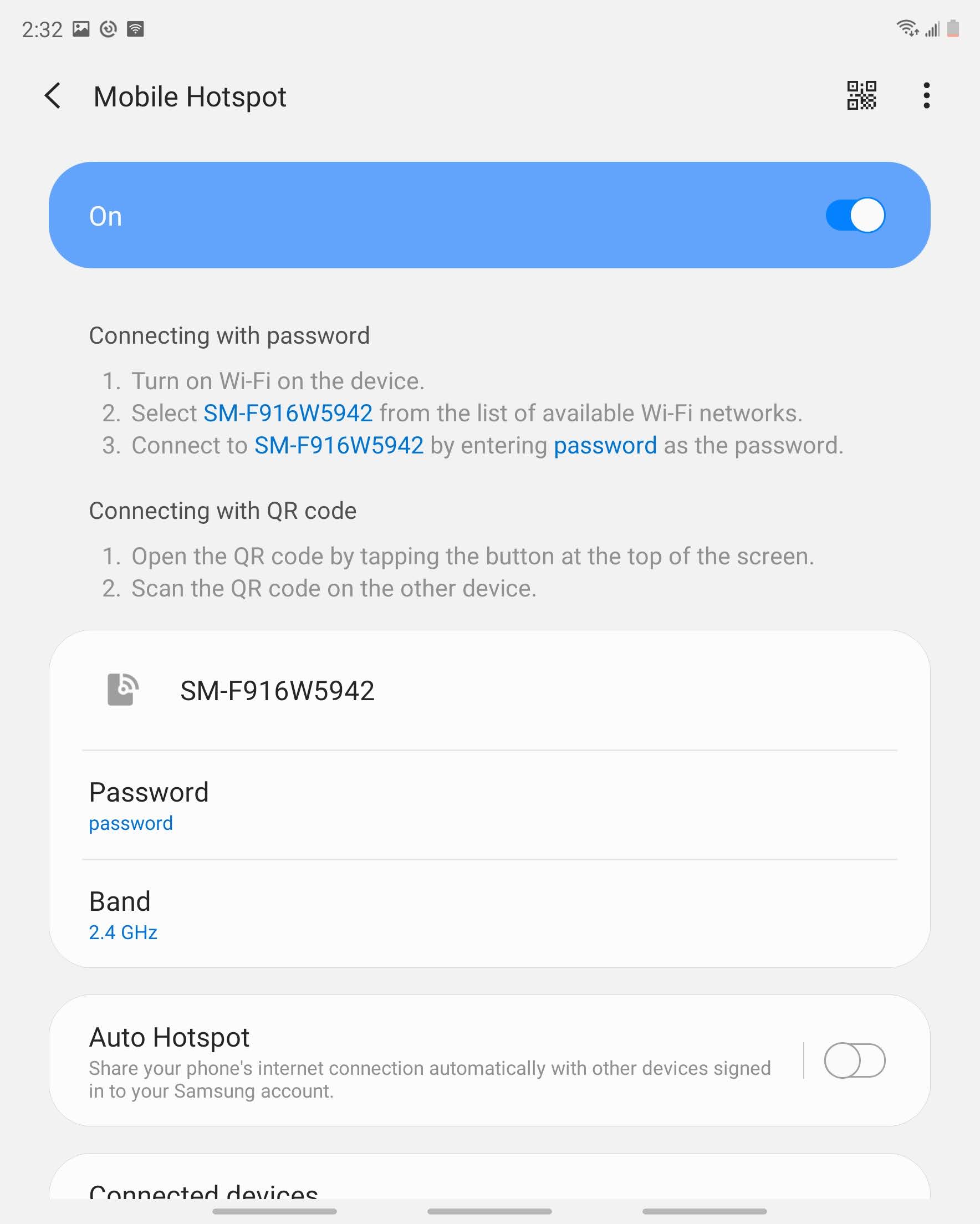 The mobile hotspot is now active. Other devices can connect to it using the network name (step 8) and password (step 10).