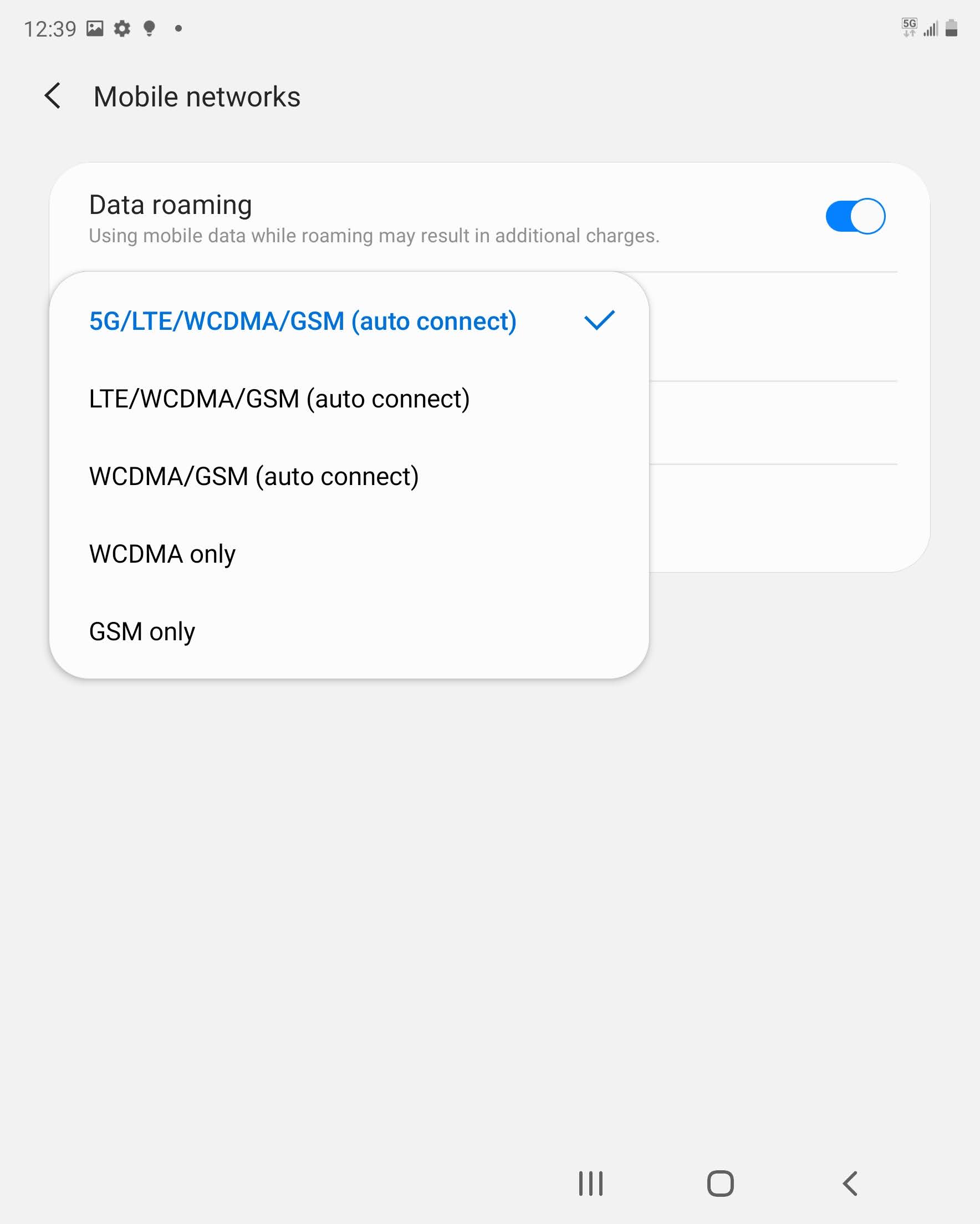 Touch the desired option, e.g., LTE/WCDMA/GSM (auto connect).