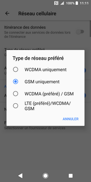 Touchez lʼoption désirée, p. ex., LTE (préféré)/WCDMA/GSM.