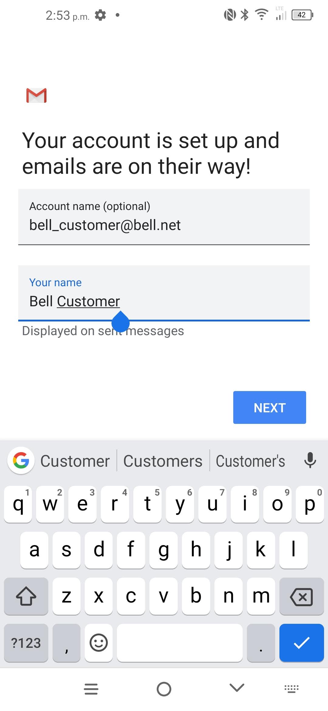 Change the account name and your name if desired, then touch NEXT.
