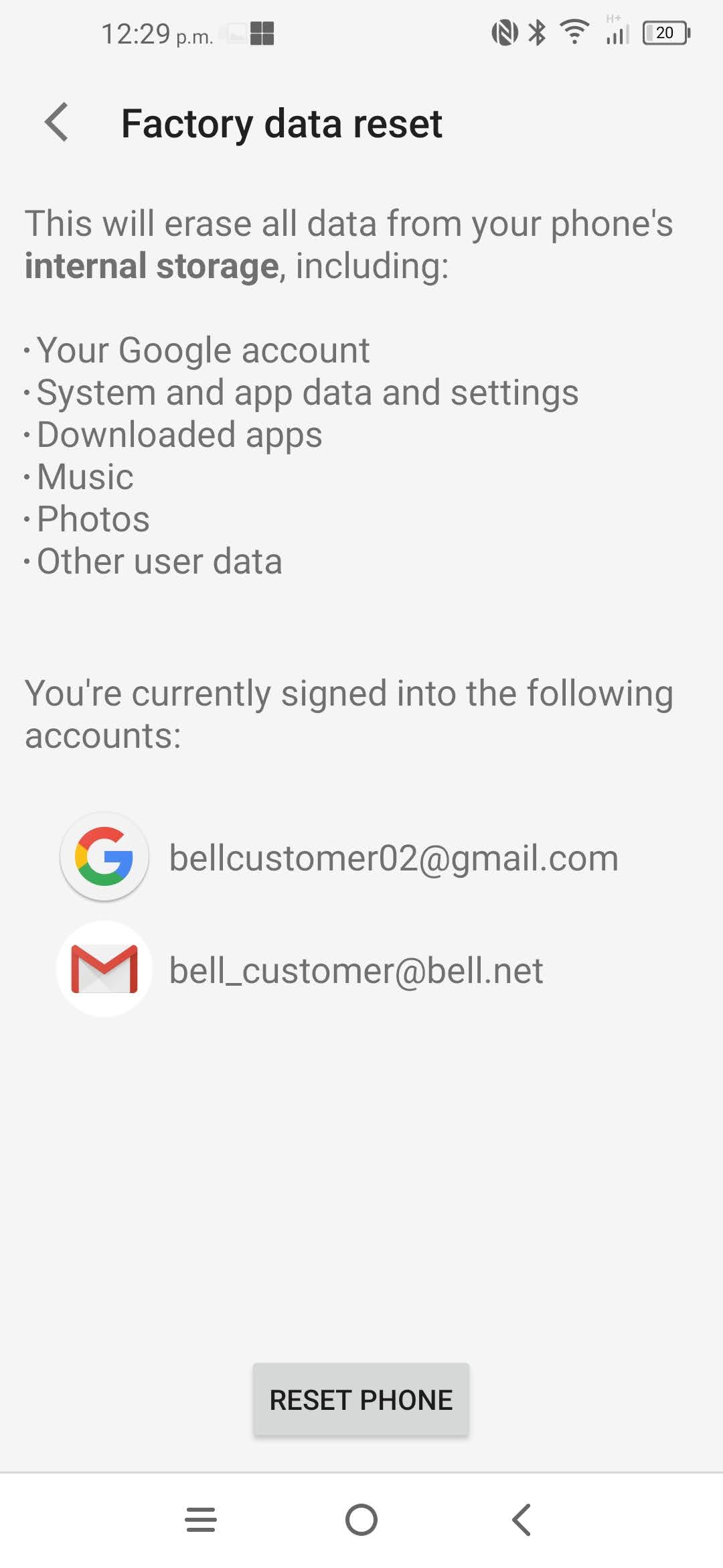 Read the warning, then scroll to and touch Reset phone.