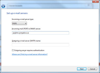 For the outgoing e-mail server, enter smtphm.sympatico.ca.