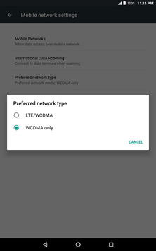 Touch the desired option, e.g., LTE/WCDMA.