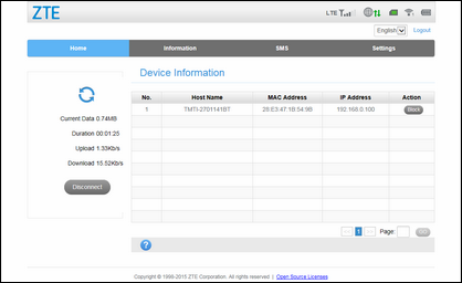 A list of connected devices appears on the Home tab. It includes information about each device, such as the MAC address and IP address, plus an option to block it from connecting to the ZTE MF275R.