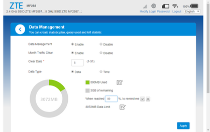 Enter a percentage at which you will be notified that your data limit is approaching and press the checkmark icon.