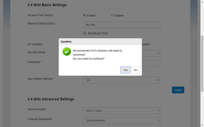 Click Yes to confirm your changes. You will need to reconnect your devices using the new Wi-Fi network name and/or password.