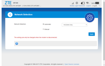 Click the drop-down menu to view the available network modes.
