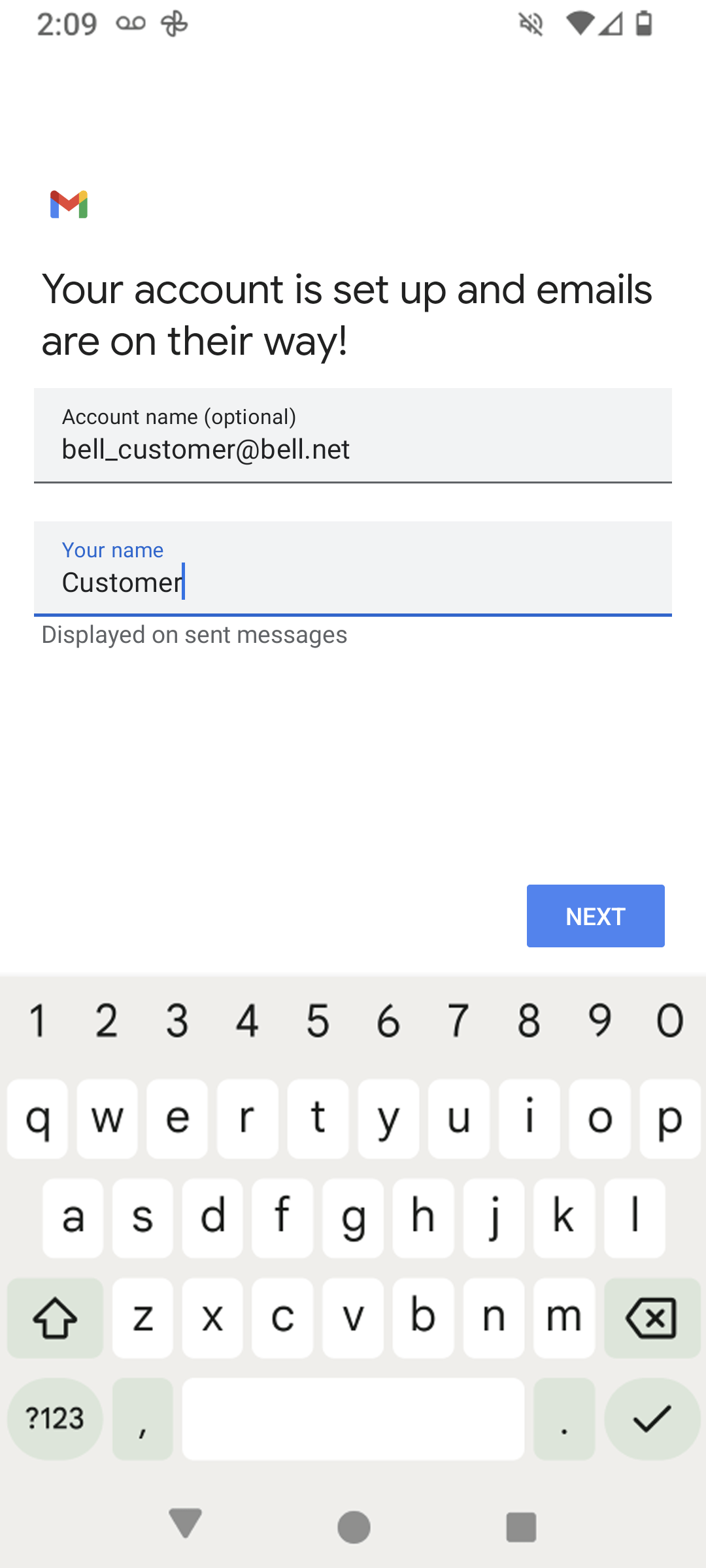 Change the account name and your name if desired, then touch NEXT.