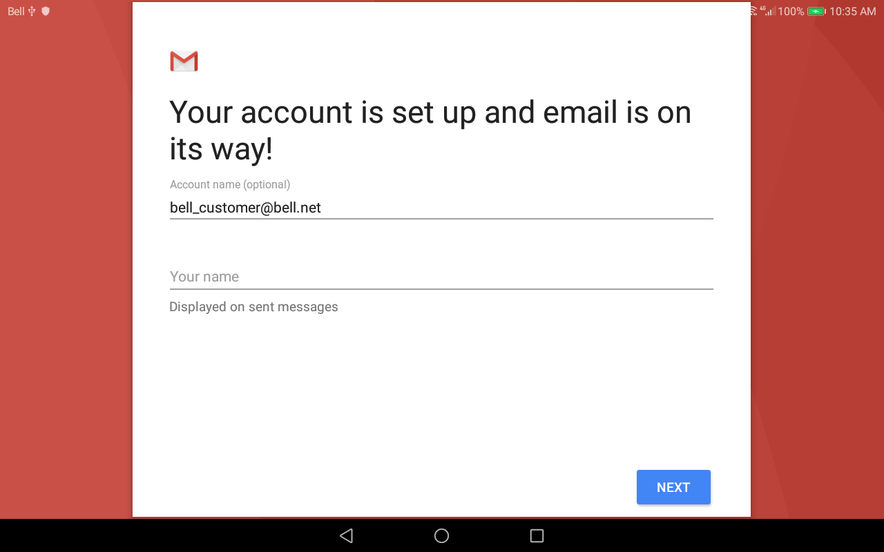 Change the account name and your name if desired, then touch NEXT.