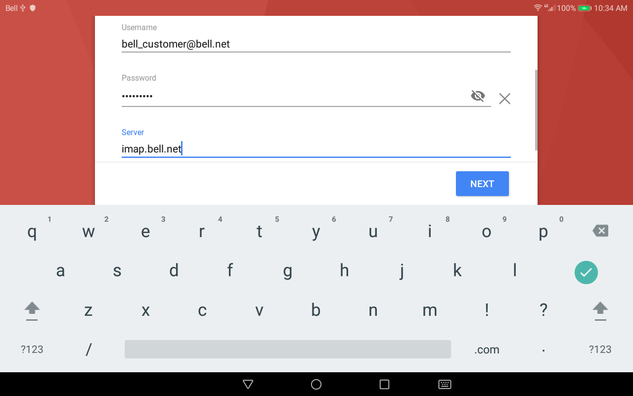 Enter imap.bell.net as the IMAP server.