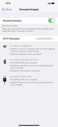 The Personal Hotspot is now active. Other devices can connect to it using the iPhone name and Wi-Fi password shown on the Apple iPhone XR.