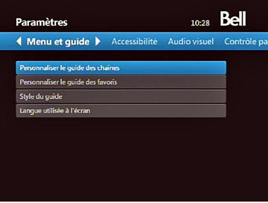 Fibe TV menu - Customize Channel Guide