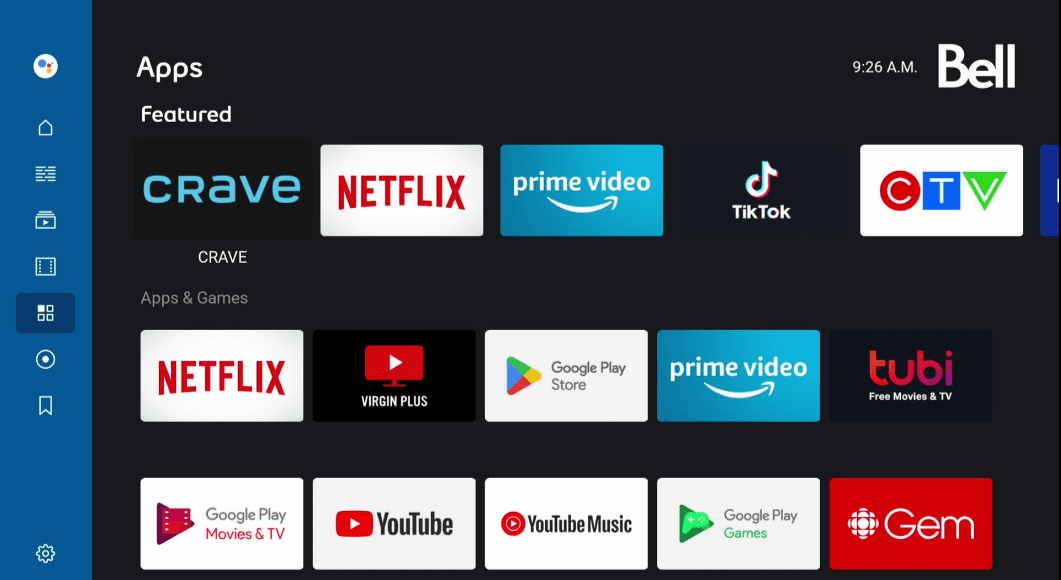 Apps displays the Google Play store and all other installed applications on your Bell Streamer.